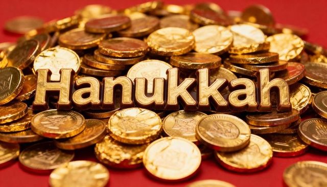 Hanukkah gold gelt and gilded lettering on red tabletop for festive holiday celebration