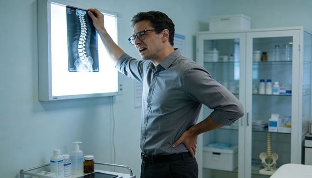 Wincing man pointing at lumbar x-ray holding lower back clinic examining spine