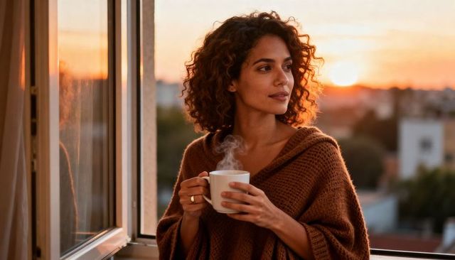 Contemplative woman holding steaming mug on open balcony at sunset in cozy knit poncho