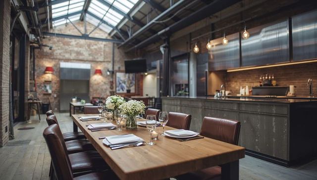 Industrial loft dining table set for entertaining with rustic kitchen and centerpiece