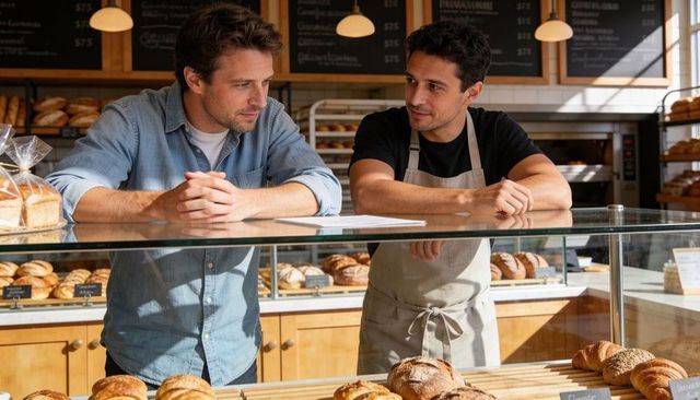 Two bakers discussing product display behind glass counter in sunlit artisan bakery