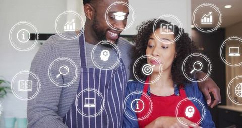 Couple Cooking Together with Digital Icons for Smart Home, Learning, Analytics, Lifestyle