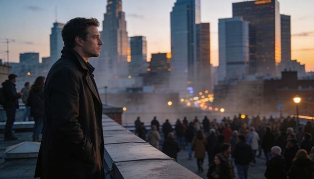 Man gazing over urban rooftop promenade at sunset with city skyline, crowd and dusk haze