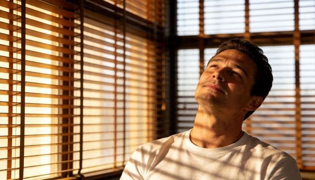 Man relaxing in warm sunlight through wooden blinds, portrait showing peaceful contemplation