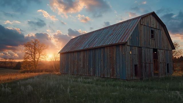 Rustic Barn in Sunset Meadow under Dramatic Sky