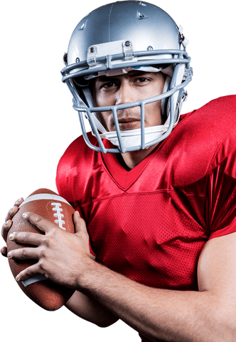 Serious american football player with helmet holding ball transparent