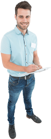 confident delivery man writing on transparent clipboard - Download Free Stock Videos Pikwizard.com