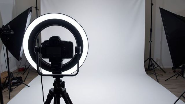 Modern studio photography setup with dslr and lighting equipment