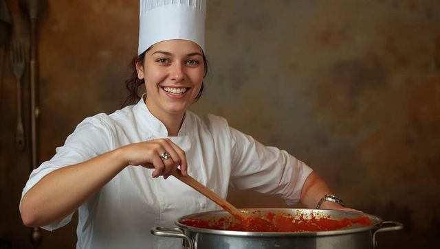 Smiling Chef Preparing Soup in Professional Kitchen
