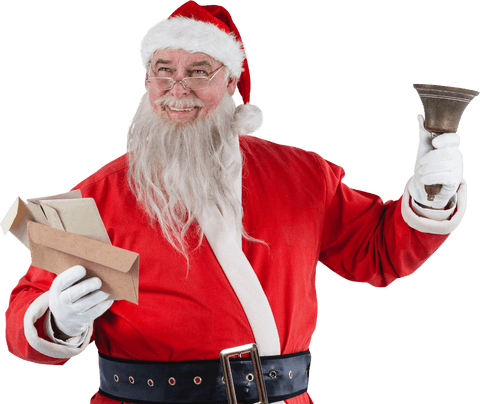 Joyful Santa Claus Holds Envelopes and Bell on Transparent Background