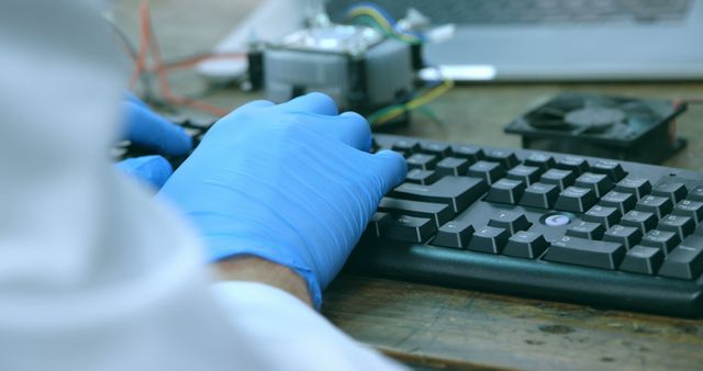Scientist wearing blue gloves typing on computer keyboard with electronic components on table. Ideal for illustrating technology, laboratory research, STEM education, and electronic repair concepts.