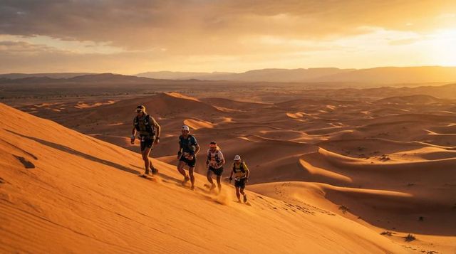 Sunset desert ultramarathon team climbing massive dune during golden hour endurance run