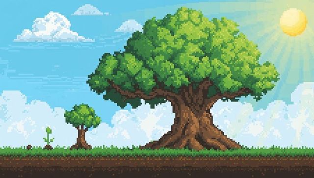Retro pixel art majestic tree with sapling and seedling on soil landscape under sun