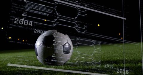 Soccer Ball with Digital Data Overlay on Night Field