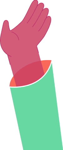Transparent gloved hand rising from green sleeve flat design
