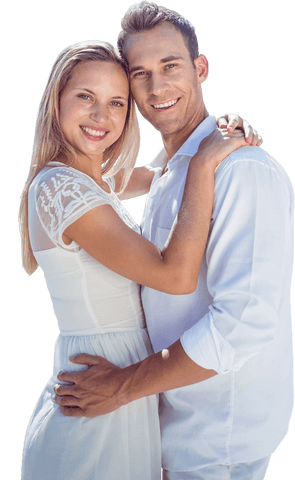 Transparent Embracing Happy Caucasian Couple on White