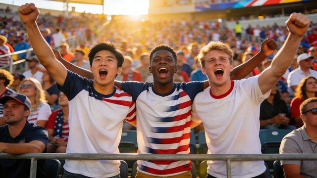 Young fans cheering in stadium wearing patriotic shirts during sunny sports celebration