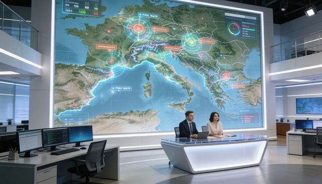News anchors presenting interactive European health crisis map on LED video wall
