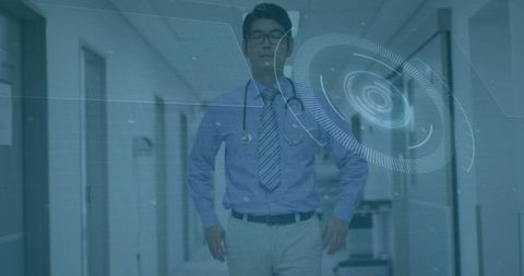 Futuristic Medical Technology with Confident Doctor in Hospital Corridor