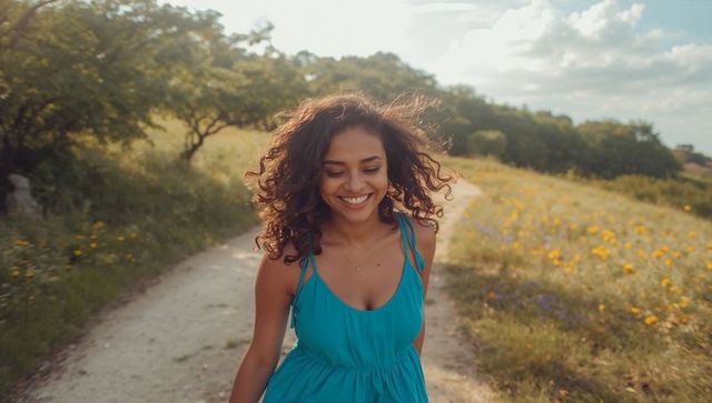 Smiling woman walking along wildflower meadow trail in teal dress enjoying golden hour