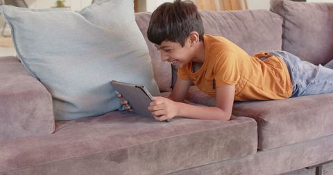 Boy Relaxing on Modern Sofa Engaged with Tablet