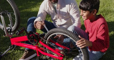 Father and Son Repairing Bicycle on Sunny Lawn