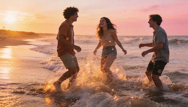 Friends splashing at sunset on beach, laughing and running through warm golden ocean waves