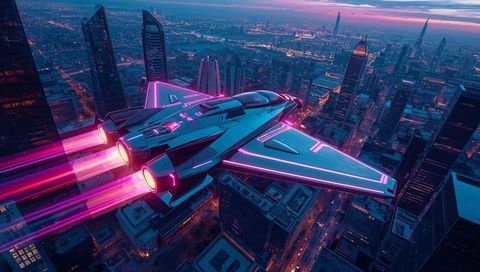 Soaring futuristic starship with magenta thrusters over neon cyberpunk cityscape at dusk