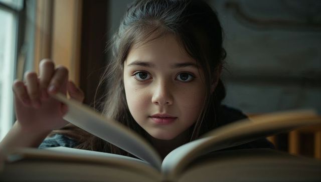 Young girl reading by window, turning page portrait with warm cozy bedroom light