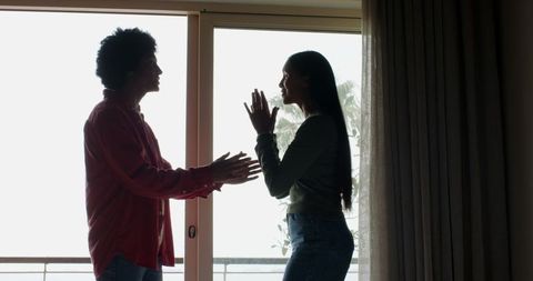 Diverse couple silhouetted during intense discussion in modern living room
