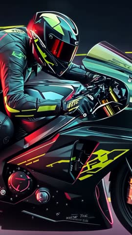 Motorcyclist adopting tuck, accelerating through neon tunnel, vertical racing with motion blur