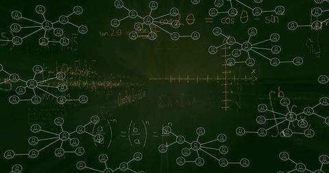 Mathematical Equations and Network Diagrams on Chalkboard