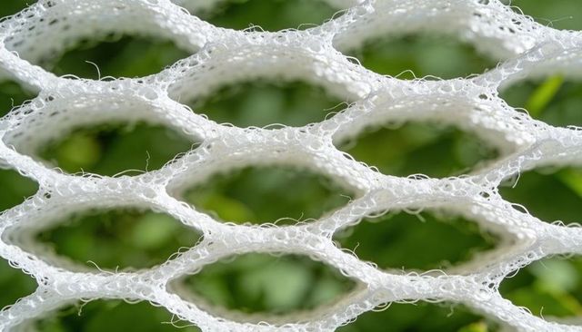 Macro closeup of white open-cell foam mesh showing lozenge openings and fine fiber detail