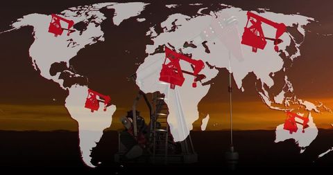 Pumpjacks overlaying world map at sunset, red markers showing global oil production network