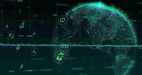 Particle Globe Rotating over Holographic Data Stream with Cyber HUD Icons