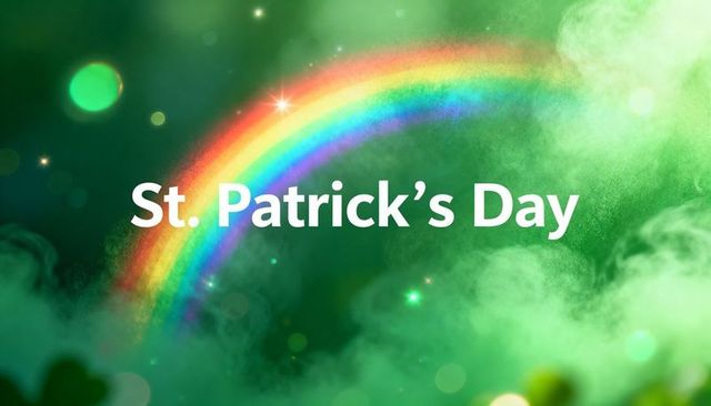 St. Patrick's day rainbow celebration with emerald mist, sparkling shamrocks, bokeh