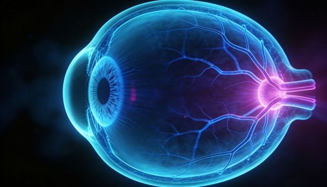 Glowing human eye anatomy 3d illustration showing cornea, retina and optic nerve in neon