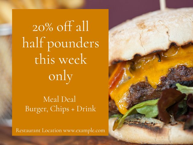 Highlighting a special discount on meal deals, perfect for attracting customers to a restaurant. Works well for menus, social media promotion, and advertisement campaigns.