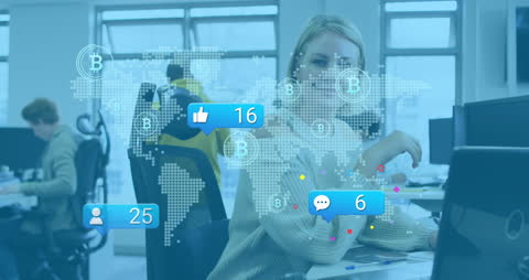 Virtual Connections and Bitcoin Overlaid in Modern Office