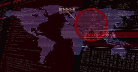 Global cyberattack dashboard highlighting file encryption threat with red target ring