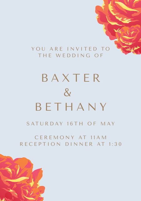 Elegant wedding invitation template featuring a floral orange rose theme for a romantic and modern feel. Perfect for weddings, the template offers areas for customizable text, ideal for inserting names, dates, and event details. Suited for various celebrations, including engagement parties and anniversary dinners. Download and easily personalize.
