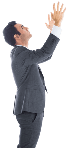 Asian businessman reaching upwards transparent background