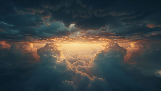 Dramatic clouds with glowing sunlight above horizon
