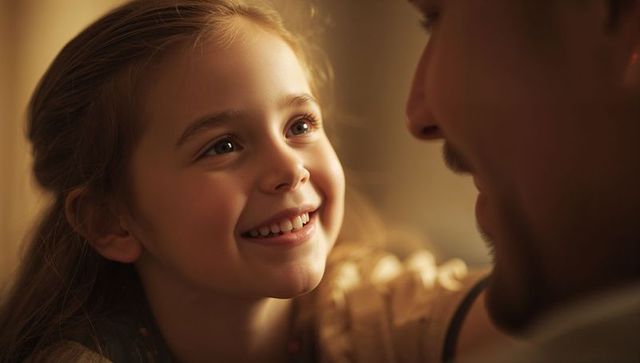 Smiling daughter looking up at father in warm golden home light tender closeup portrait