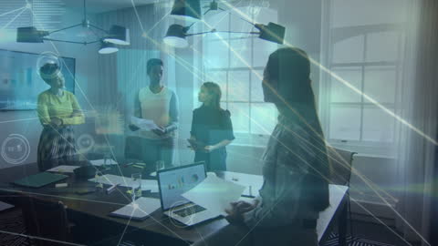 Diverse Team Analyzing Data with Digital Linking Overlays