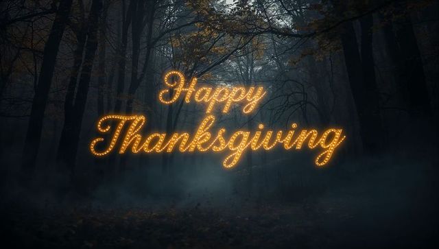 Glowing happy thanksgiving marquee lights casting golden glow in foggy forest clearing