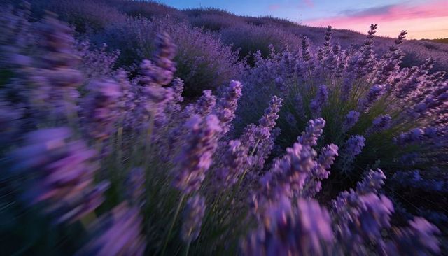 Lavender Fields Streaming Toward Sunset, Motion-Blurred Purple Blooms Across Rolling Hills