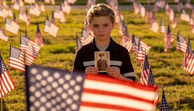 Young boy holding vintage soldier portrait among rows of american flags on memorial field at sunset