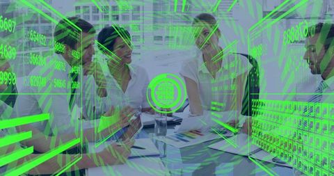 Business team collaborating with data overlay in office environment