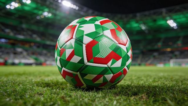 Resting geometric green red soccer ball glowing under stadium floodlights at night